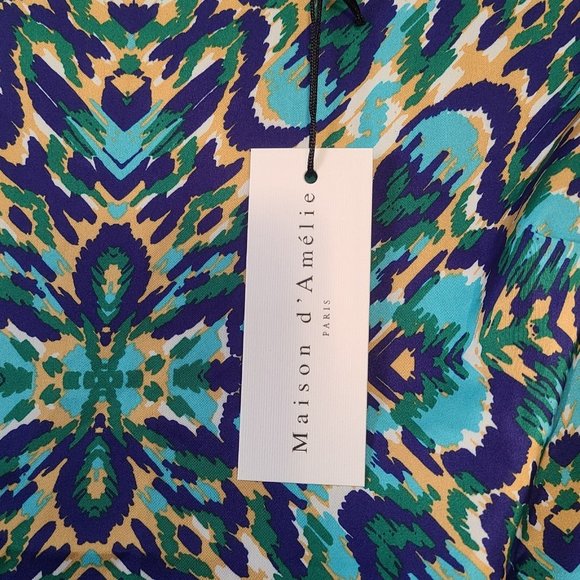 Maison D Amelie Paris Anthropolgie Short Sleeve Blouse Peacock Colors Graphic Sm - Picture 2 of 8
